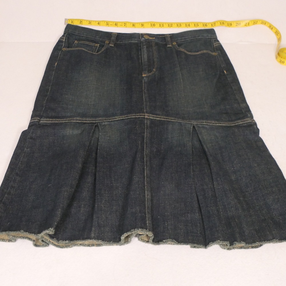 Lauren Ralph Lauren Women Denim Skirt 10 Dark Blue Pleated Raw Hem Boho Hamptons